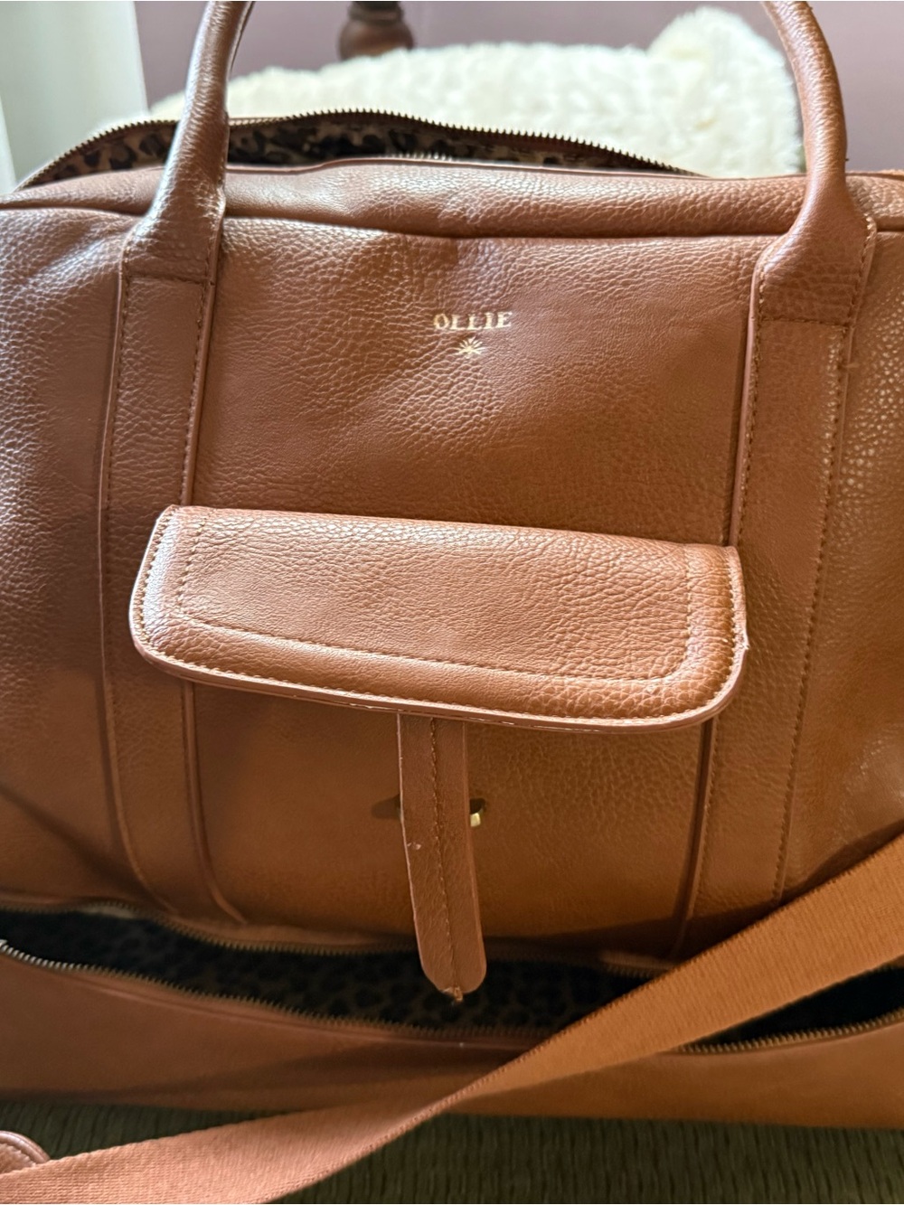 Ollie Cognac Travel Tote with Front Flap Pocket